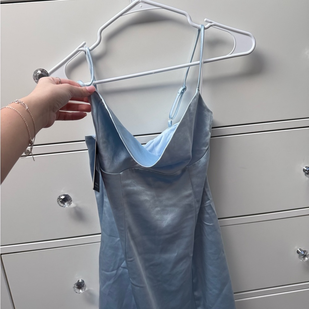 Elegant Light Blue Satin Dress - Picture 4 of 5